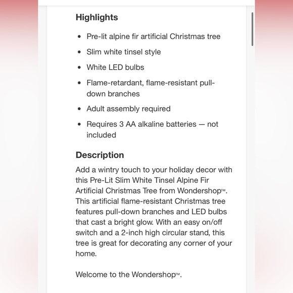 WONDERSHOP NWT pre-lit slim white tinsel alpine fir faux Christmas tree 4’ - Picture 8 of 8